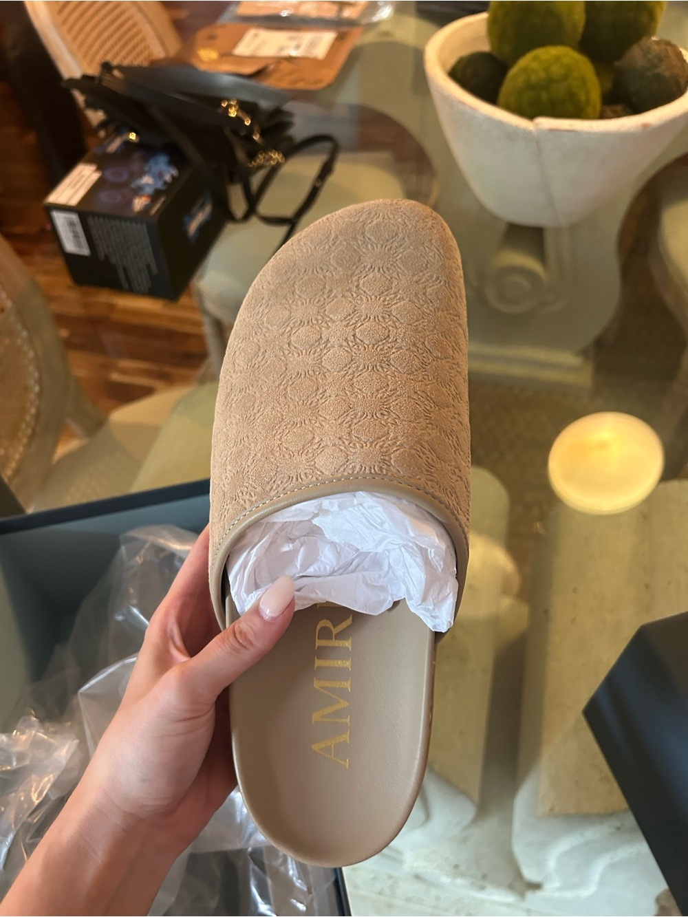 AMIRI Beige Embroidered Slide Mule